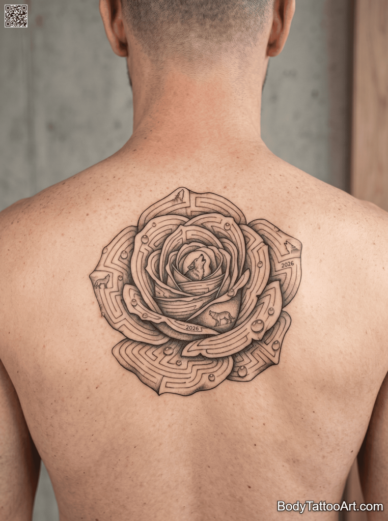 Fine line illustrative Rose With Wolf Tattoos 