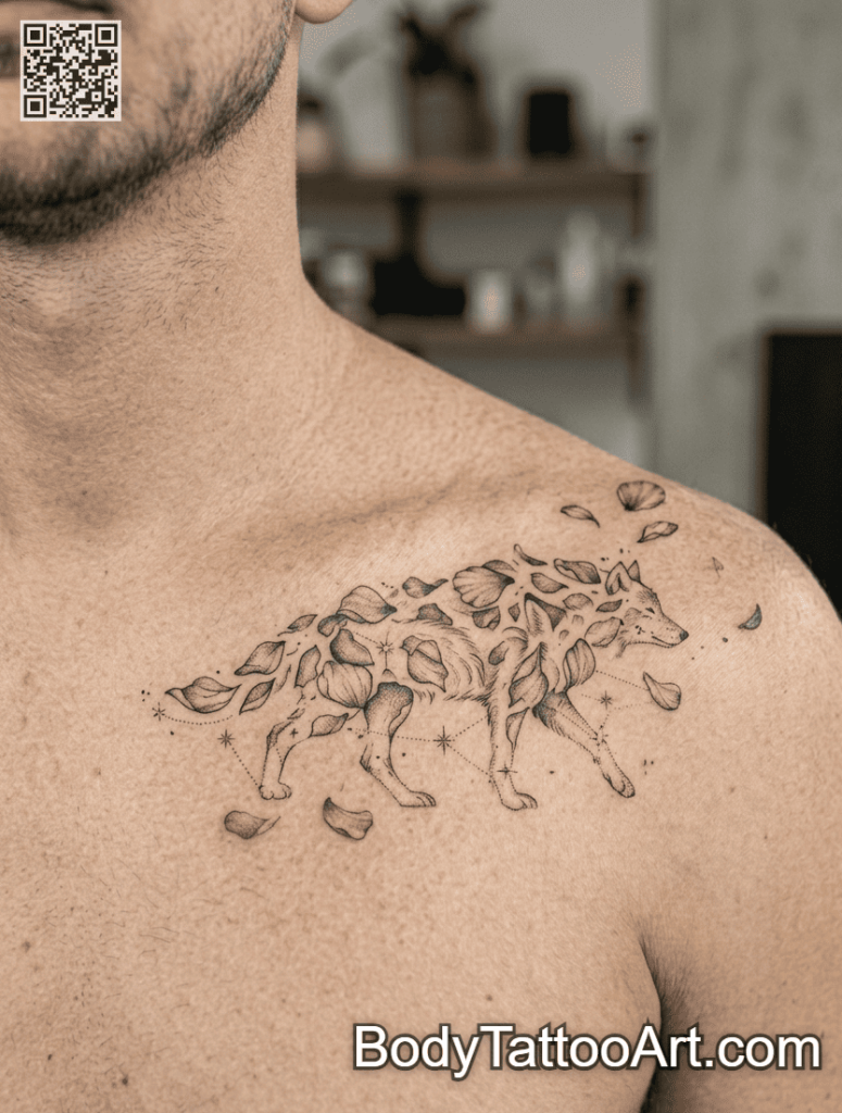  Dotwork fine line Rose With Wolf Tattoos 
