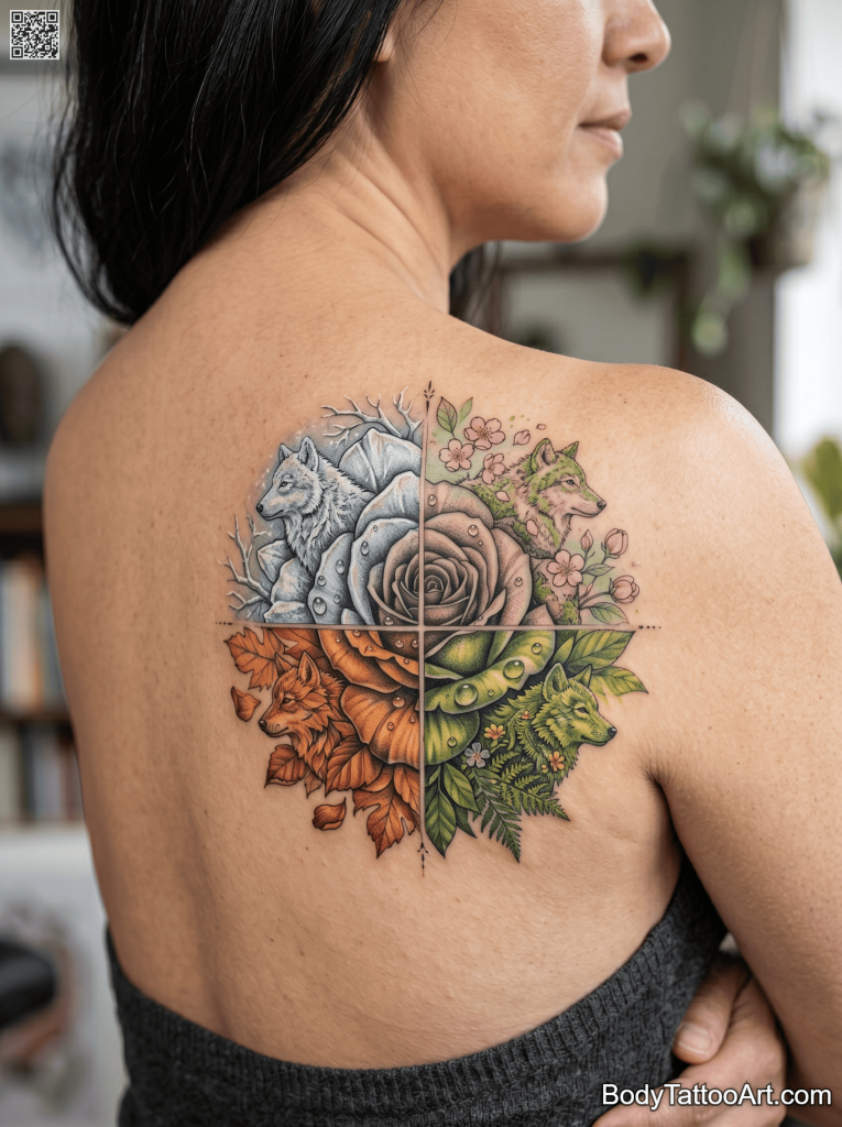 Illustrative realism Rose With Wolf Tattoos 