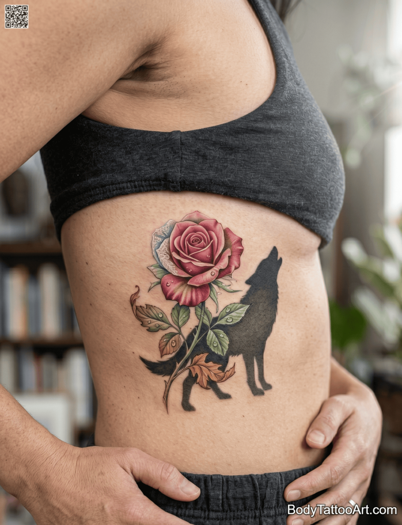 Realistic black and grey Rose With Wolf Tattoos 