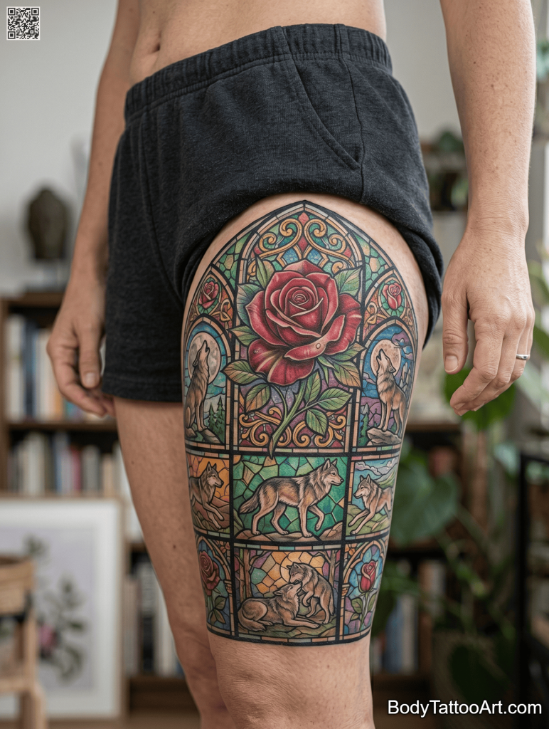 Neo-traditional stained glass Rose With Wolf Tattoos 