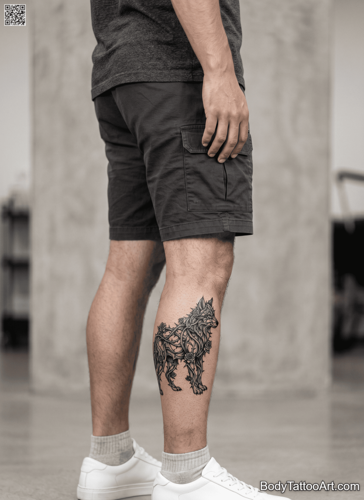 Blackwork Rose With Wolf Tattoos 