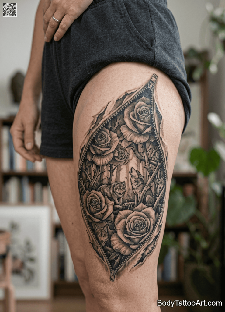 Surreal black and grey Rose With Wolf Tattoos 