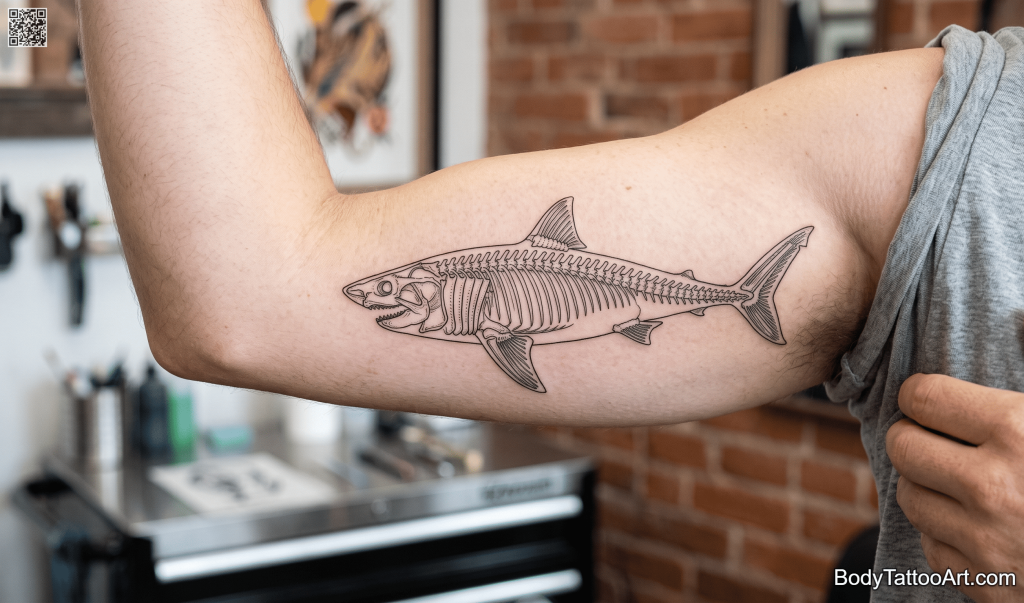 Fine line scientific illustration Shark Tattoos