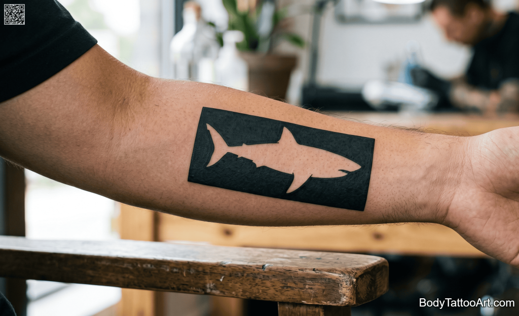 Negative space blackwork Shark Tattoos