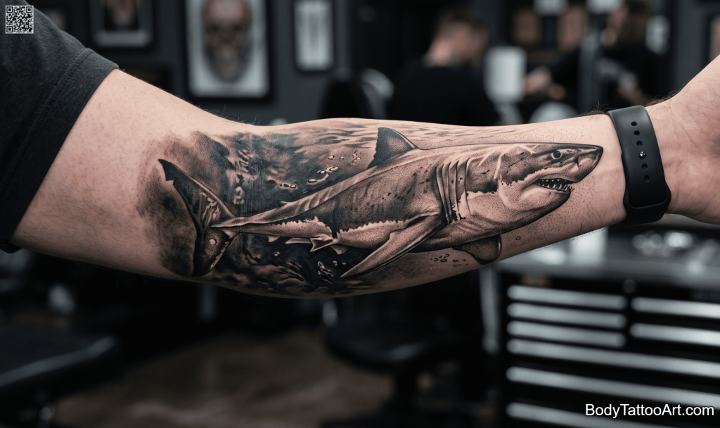 Black and grey realism Shark Tattoos