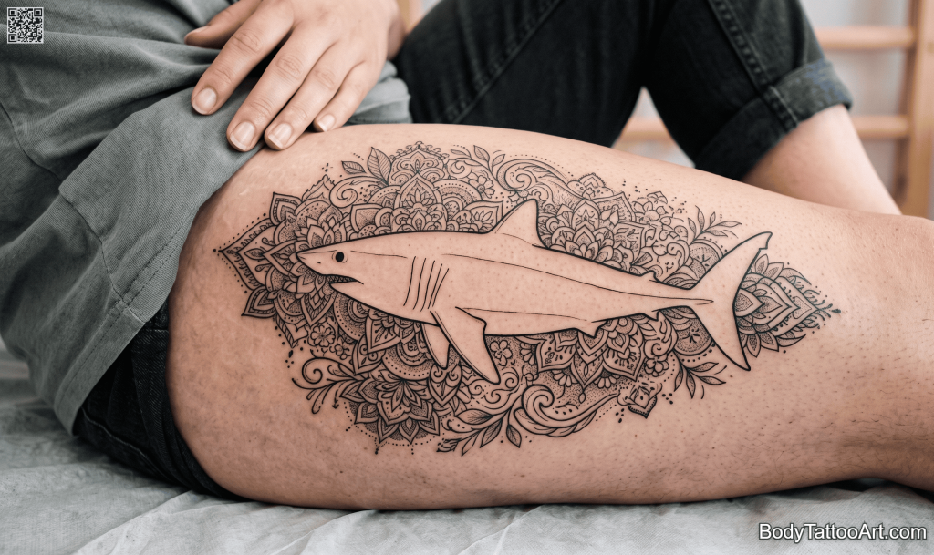  Ornamental fine line Shark Tattoos