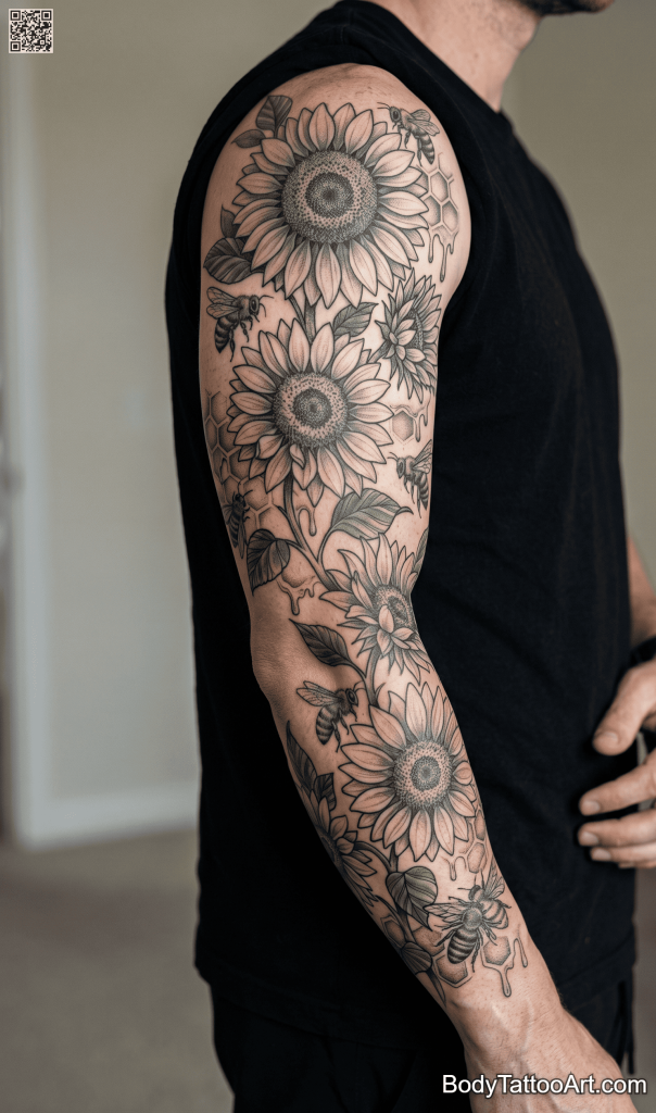 Botanical realism Sunflower With Bee Tattoos