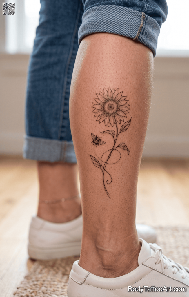 Fine line Sunflower With Bee Tattoos