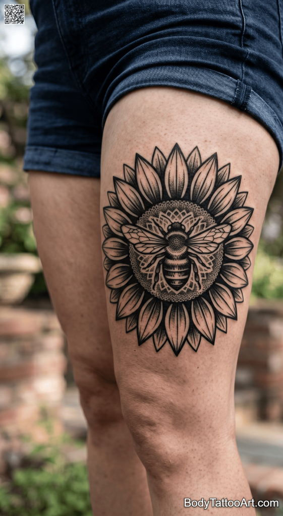 Blackwork Sunflower With Bee Tattoos