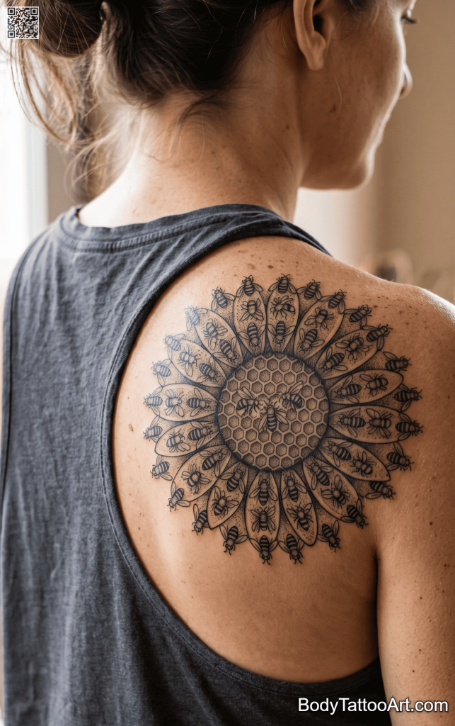 Surreal illustrative Sunflower With Bee Tattoos