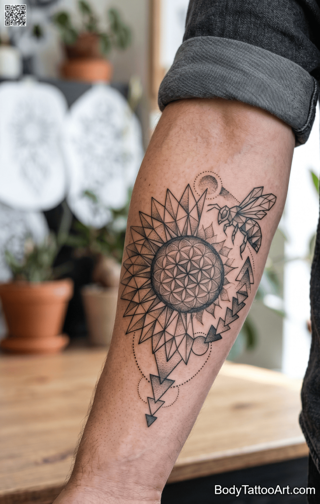  Geometric Sunflower With Bee Tattoos