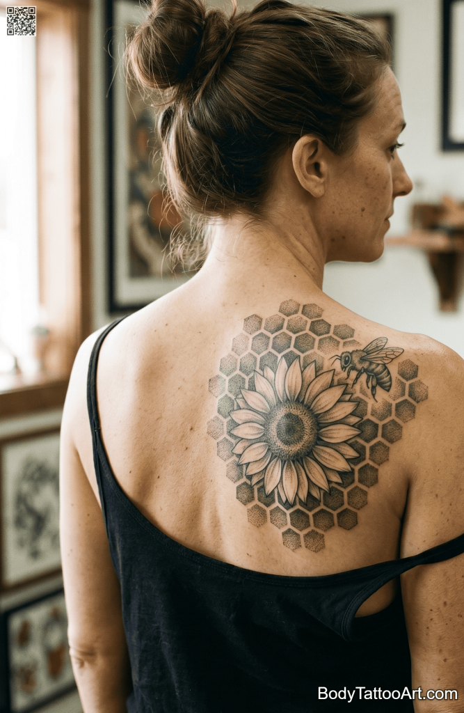 Dotwork Sunflower With Bee Tattoos