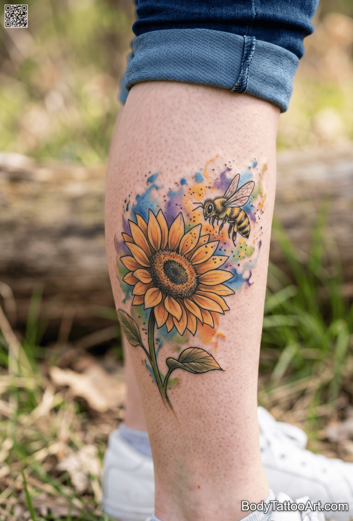  Watercolor Sunflower With Bee Tattoos