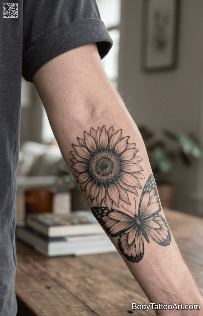 Illustrative Sunflower With Butterfly Tattoos