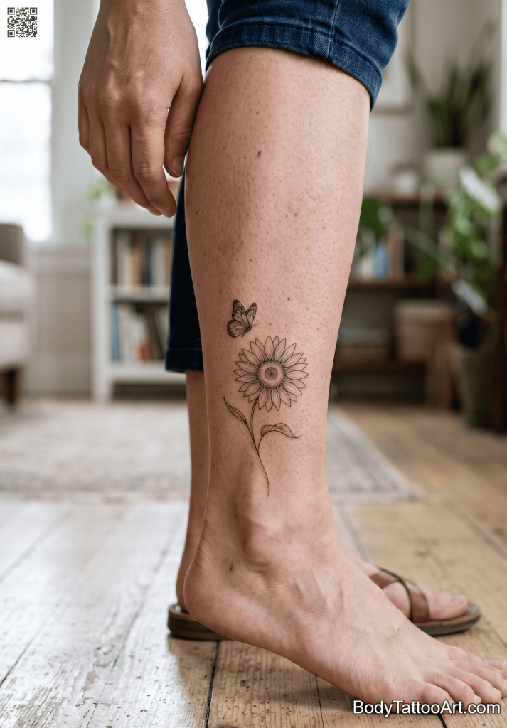 Fine line Sunflower With Butterfly Tattoos