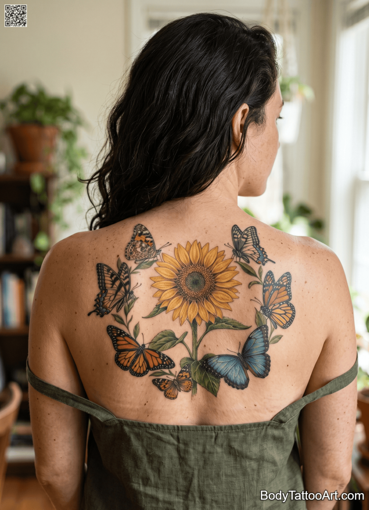 Botanical realism Sunflower With Butterfly Tattoos