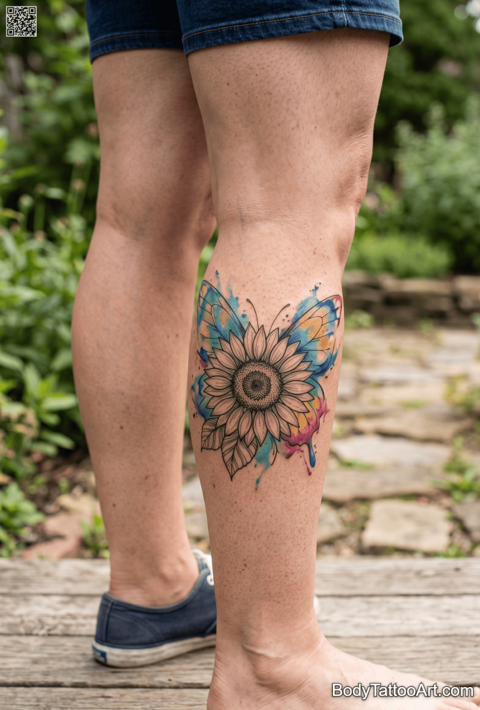 Watercolor Sunflower With Butterfly Tattoos