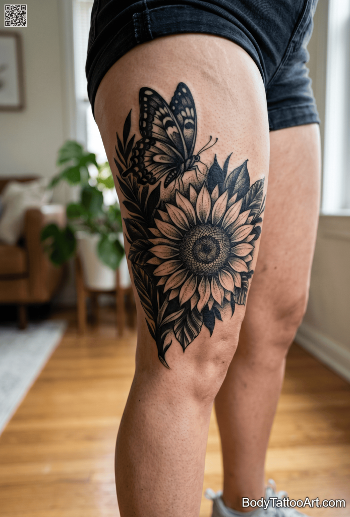 Blackwork Sunflower With Butterfly Tattoos