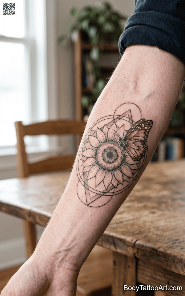 Geometric Sunflower With Butterfly Tattoos