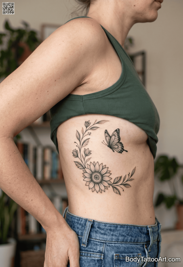 Dotwork Sunflower With Butterfly Tattoos