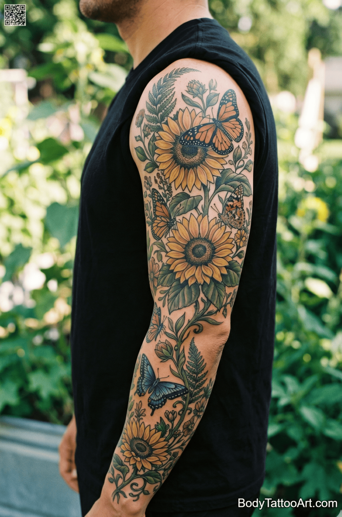 Botanical realism Sunflower With Butterfly Tattoos