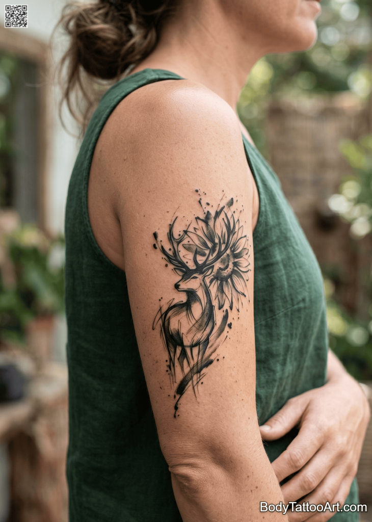Minimalist Sunflower With Deer Tattoos