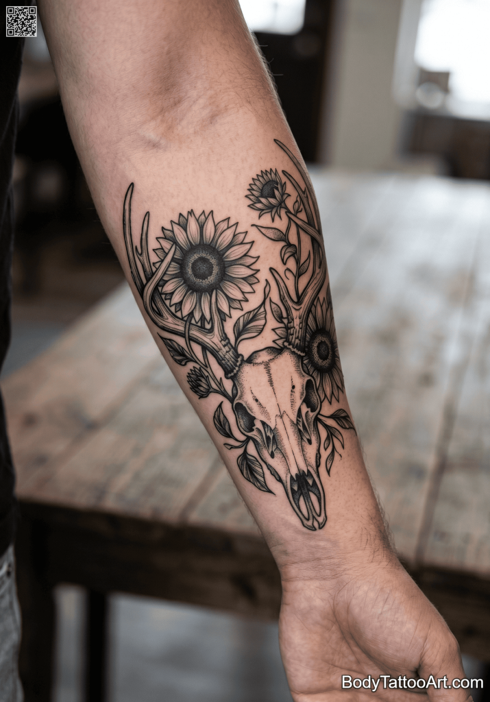Blackwork Sunflower With Deer Tattoos