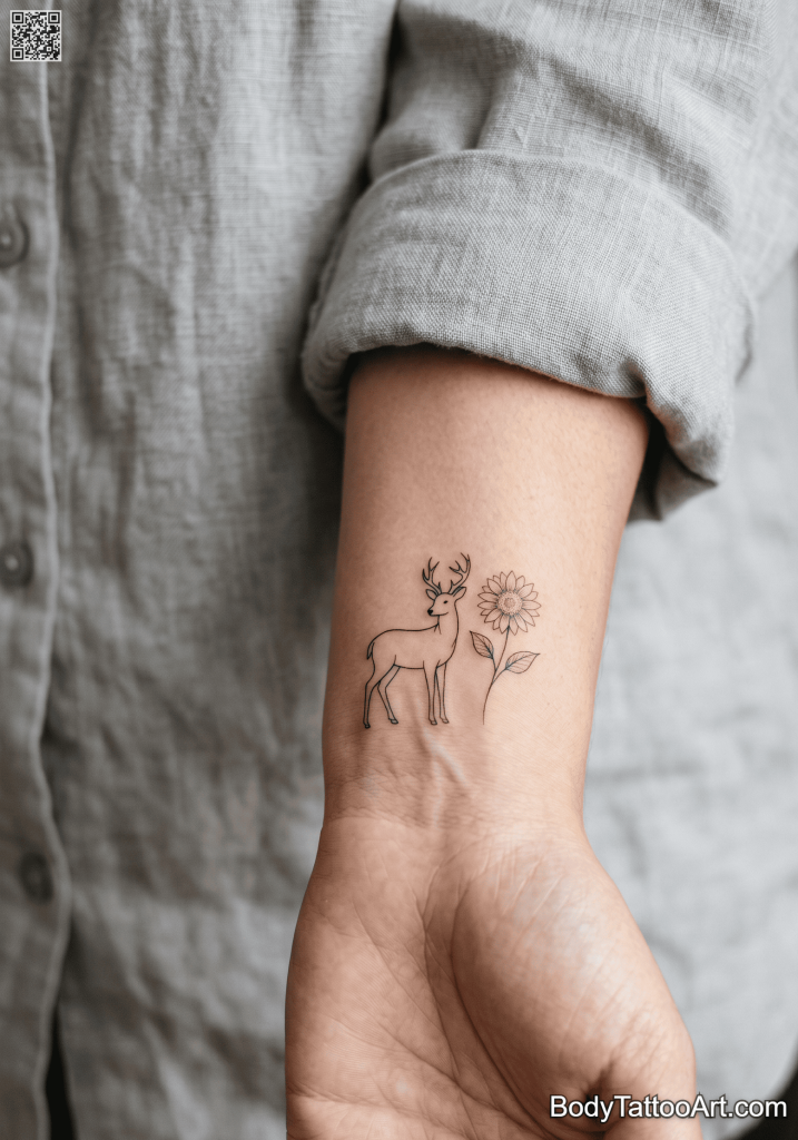 Fine line Sunflower With Deer Tattoos