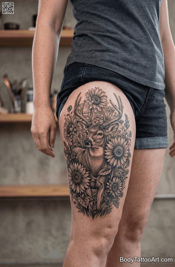 Grey-wash realism Sunflower With Deer Tattoos