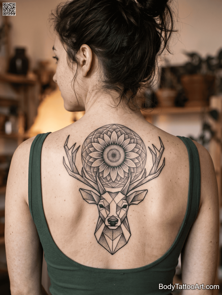 Geometric dotwork Sunflower With Deer Tattoos