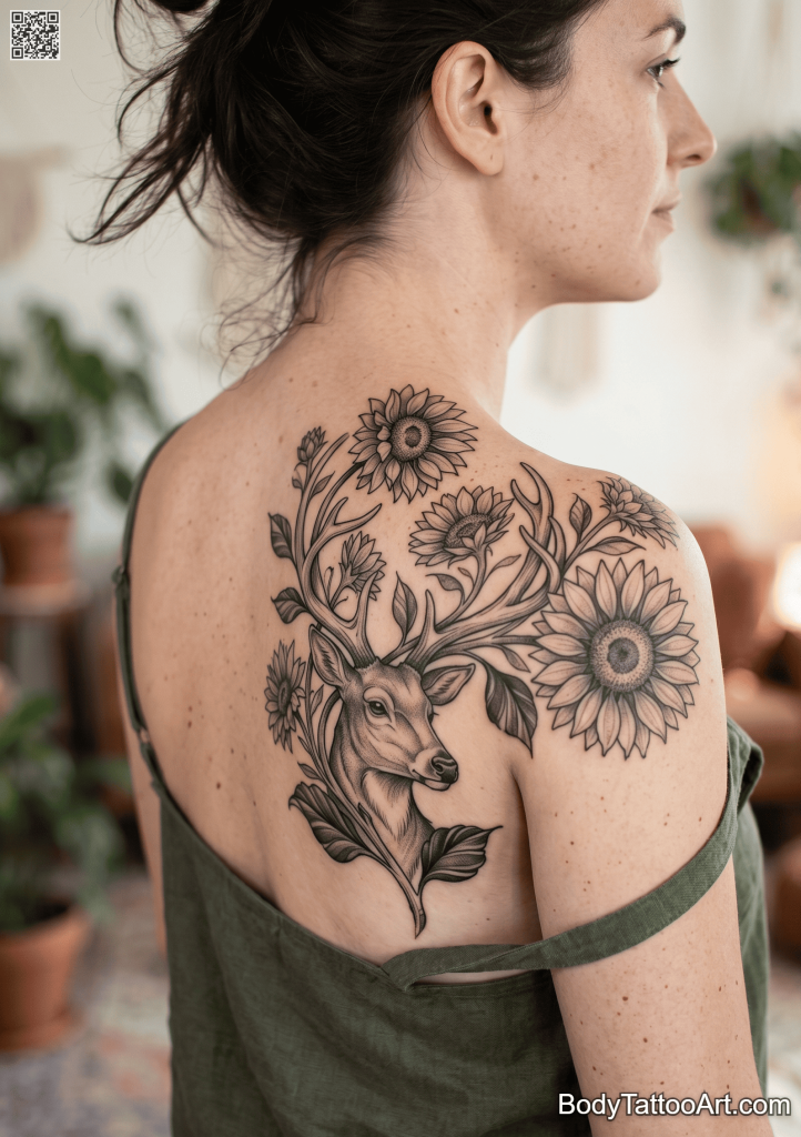 Illustrative Sunflower With Deer Tattoos