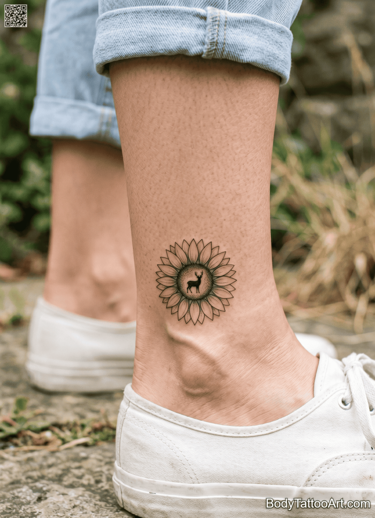 Minimalist Sunflower With Deer Tattoos