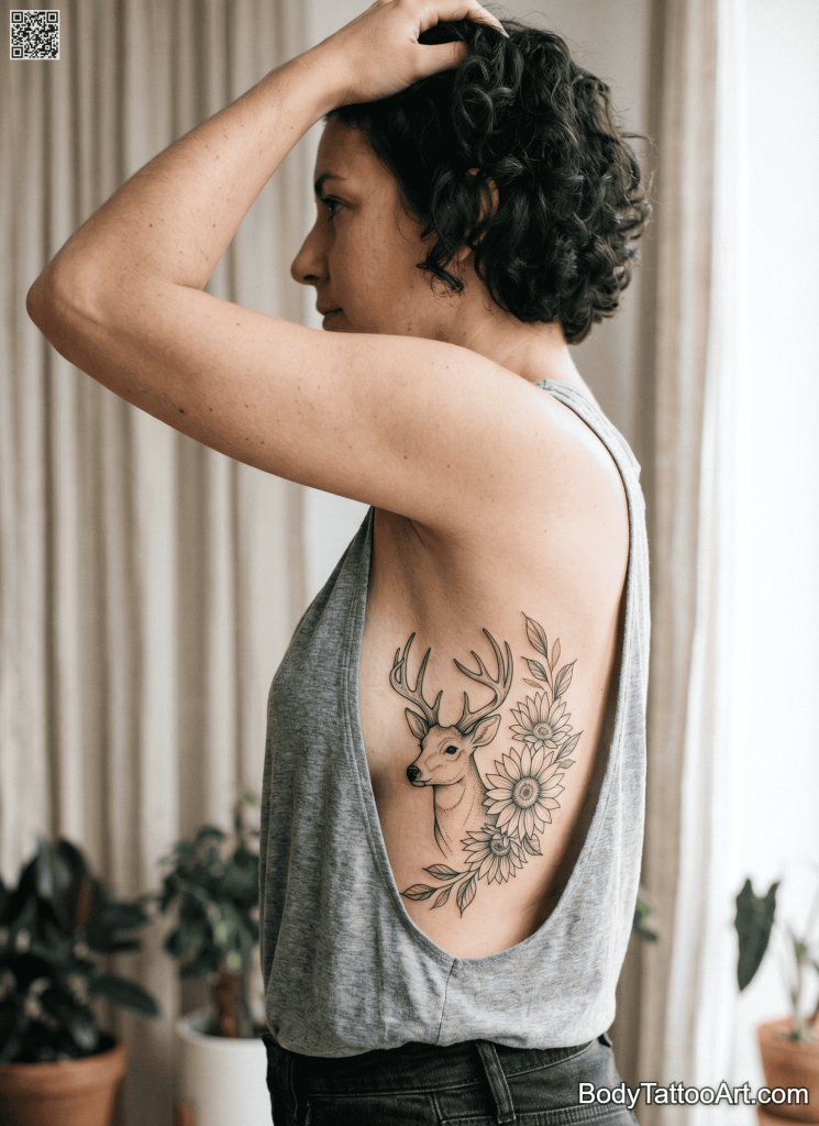 Fine line illustrative Sunflower With Deer Tattoos