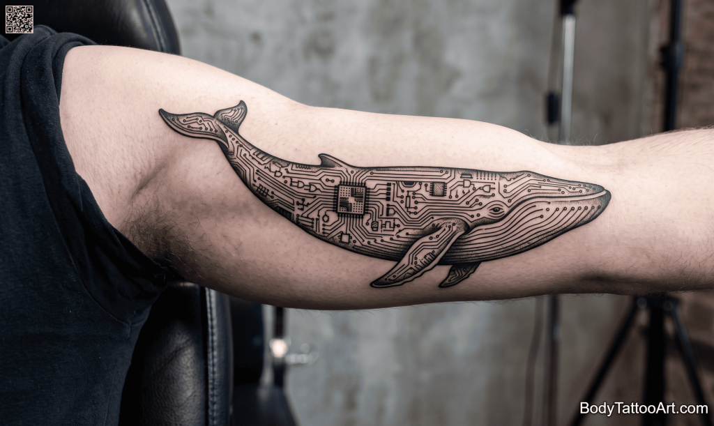Blackwork cyberpunk illustrative Whale Tattoos
