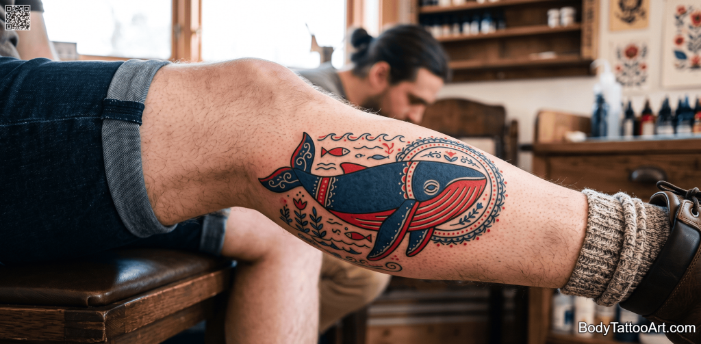 Folk art illustrative Whale Tattoos