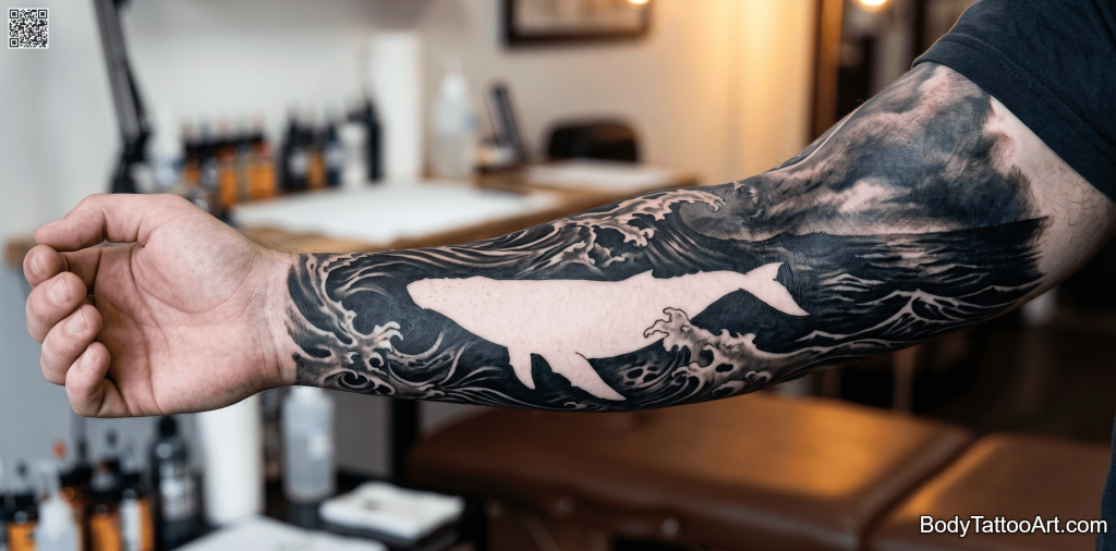 Negative space blackwork Whale Tattoos