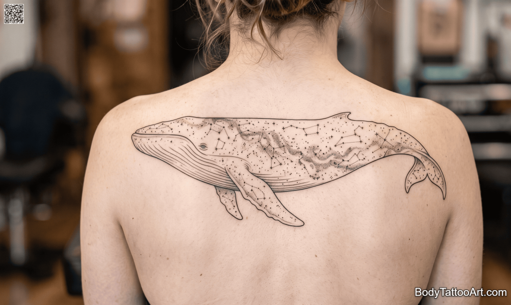 Illustrative fine line with negative space fill Whale Tattoos
