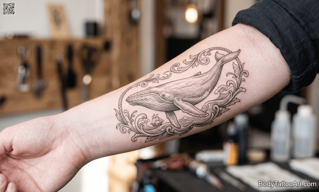 Fine line scrimshaw-inspired Whale Tattoos