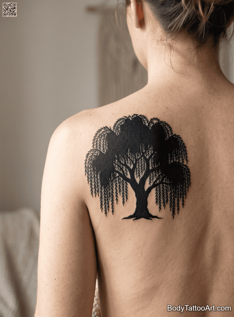 Blackwork silhouette Willow Tree Tattoos