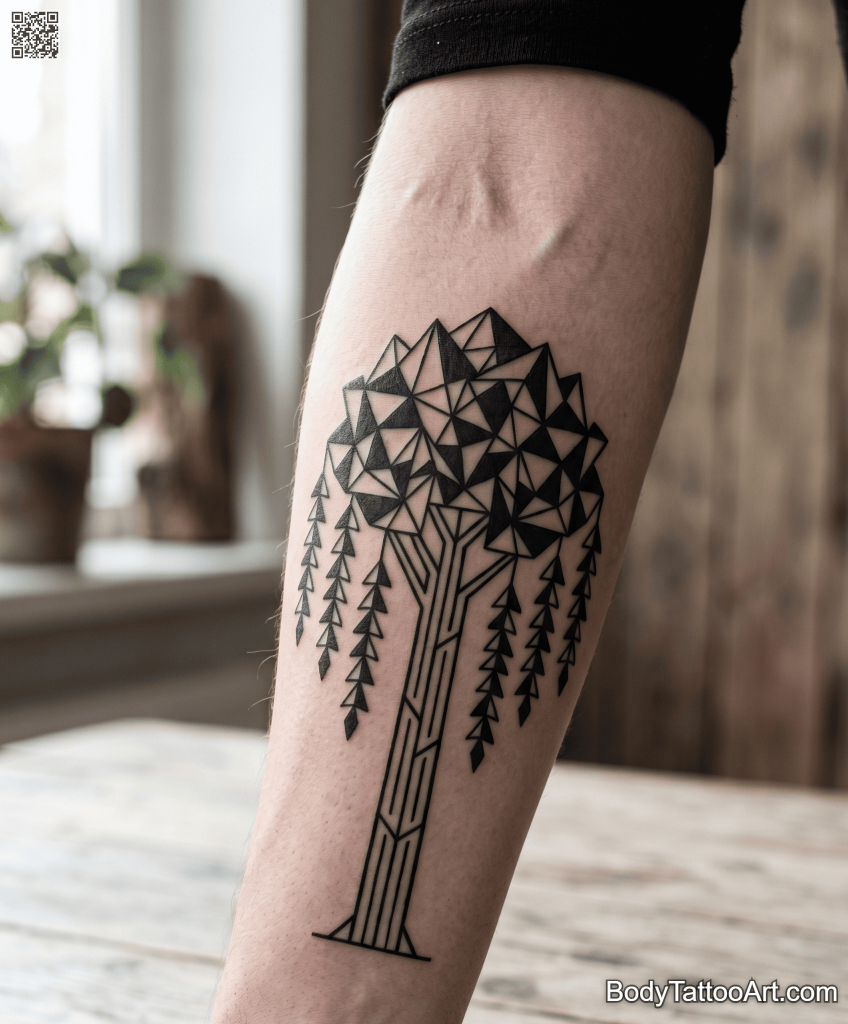 Geometric blackwork Willow Tree Tattoos