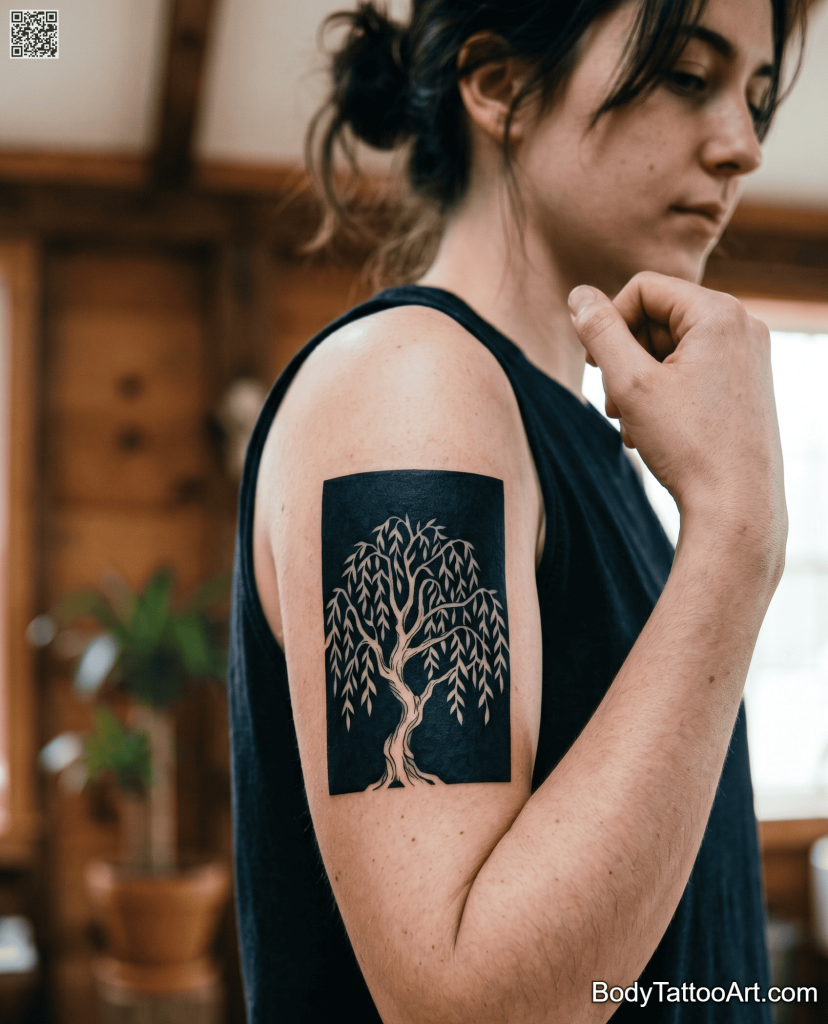 Blackwork negative space Willow Tree Tattoos