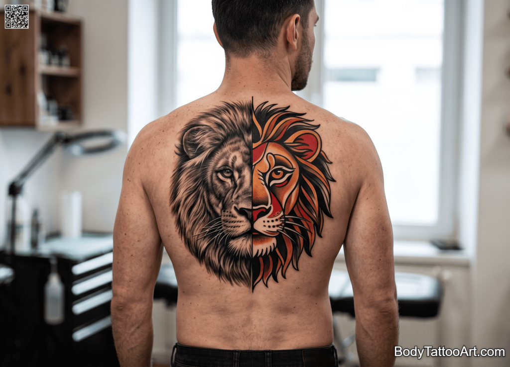 Split realism and traditional Lion Tattoos