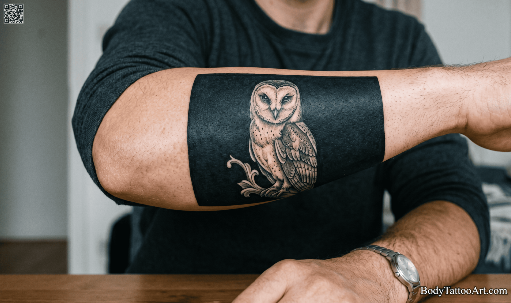 Black and grey with blackout panel Owl Tattoos