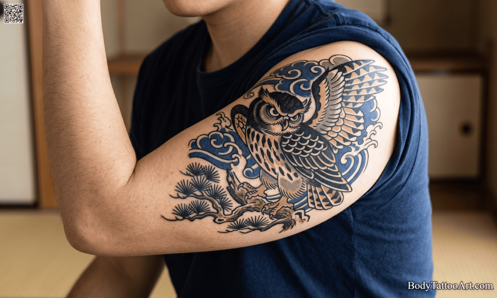 Japanese woodblock-inspired Owl Tattoos