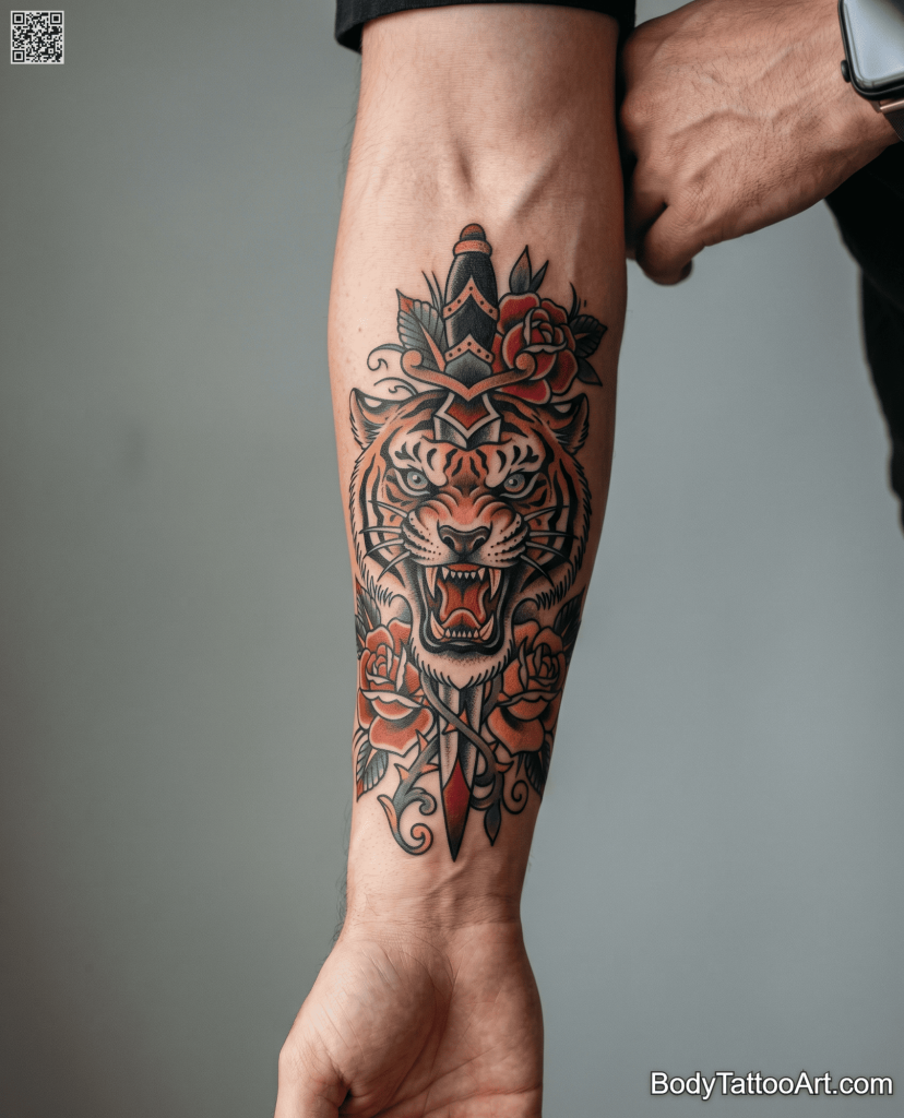 Traditional Rose With Tiger Tattoos