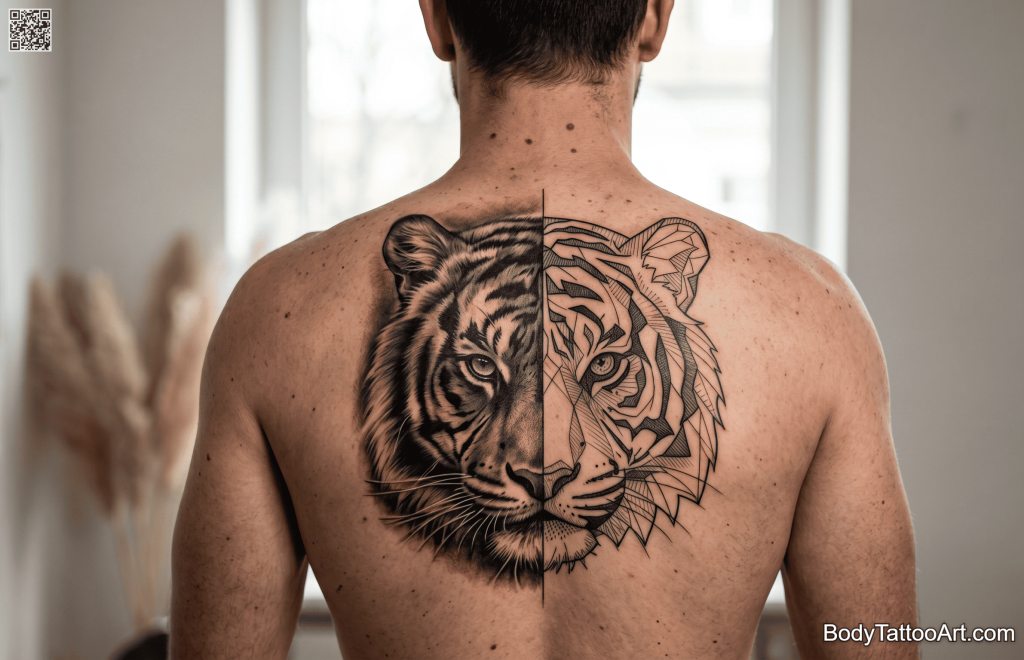 Split realism and geometric Tiger Tattoos