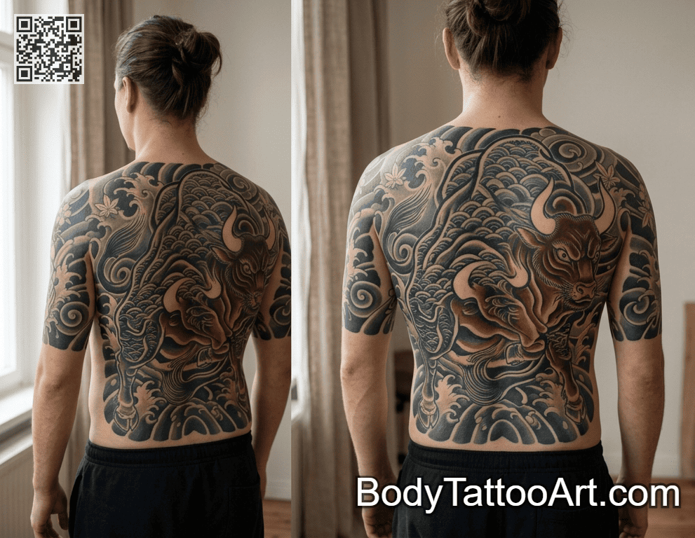 woodblock illustrative Bull Tattoos