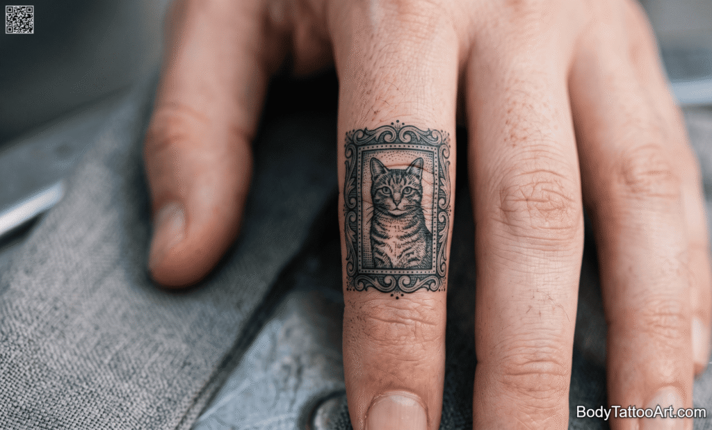 Vintage Stamp-Style Cat Illustration