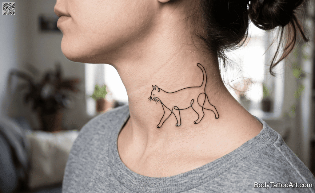 Continuous-Line Walking Cat Tattoos